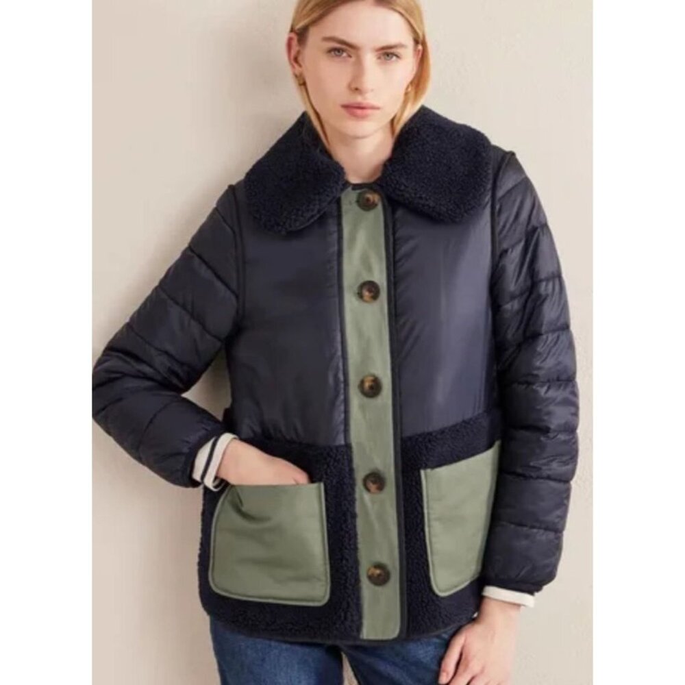 Boden Quilted Borg Jacket Barn Coat Pockets Sz 12 Navy Cozy Cabin Core GORP